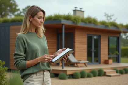 Femme examine plans de maisons modulaires écologiques dehors