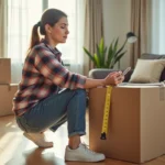 Femme mesurant et notant lors d'un déménagement intérieur