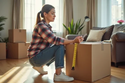 Femme mesurant et notant lors d'un déménagement intérieur