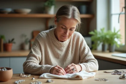 Femme nettoyant un anneau en argent avec un chiffon