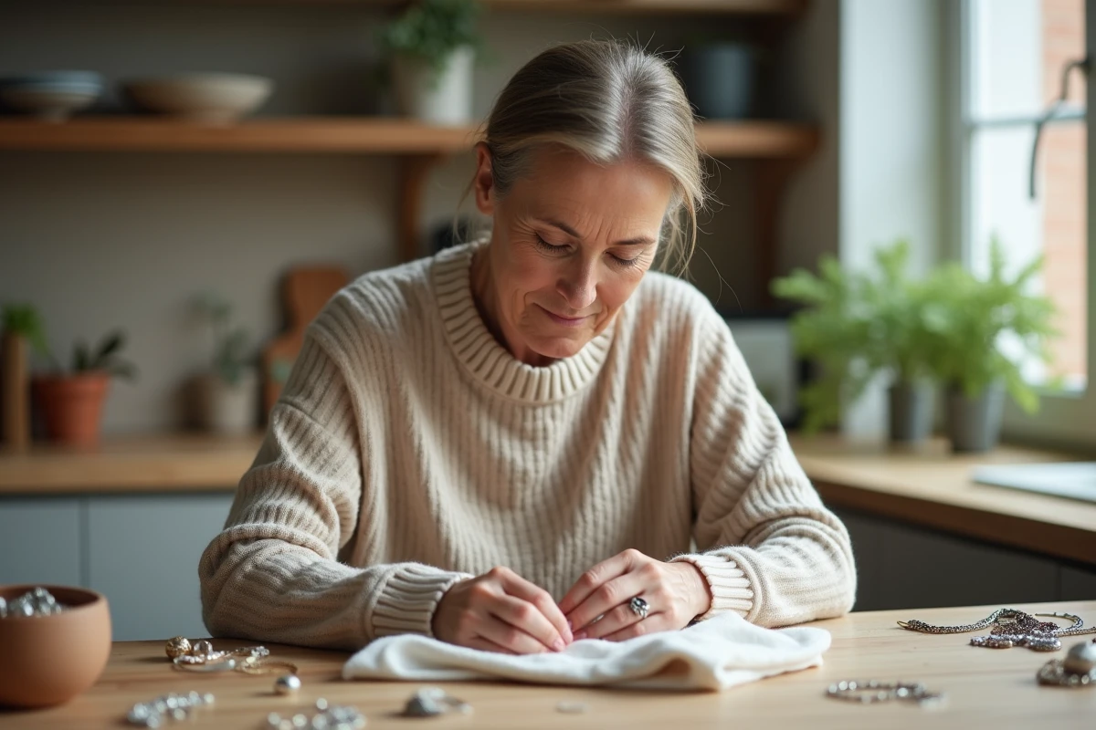 Femme nettoyant un anneau en argent avec un chiffon