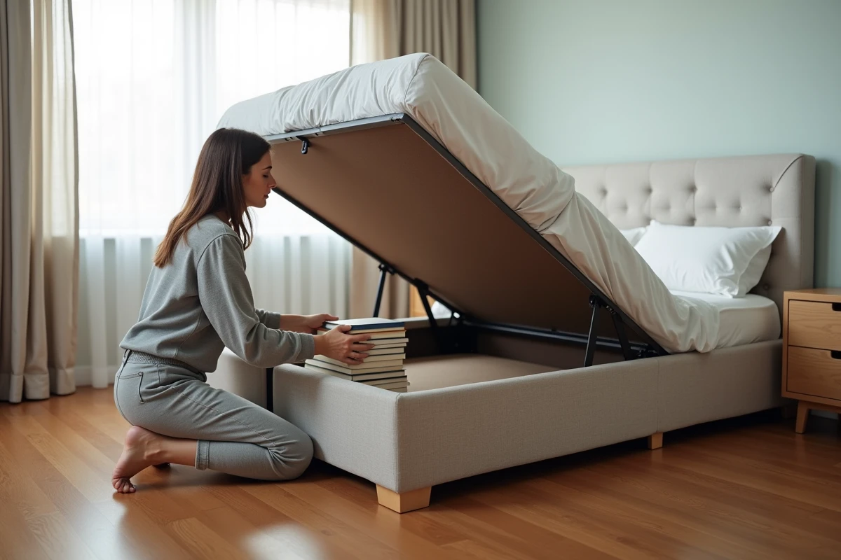 Jeune femme rangeant des livres dans un lit ottoman dans une chambre lumineuse