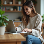 Femme dans son appartement un plant en main