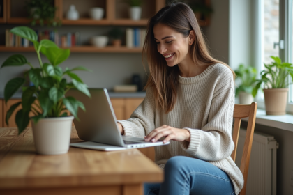 Femme dans son appartement un plant en main