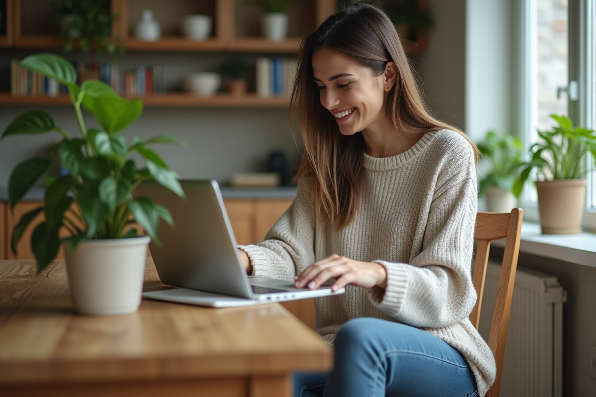 Femme dans son appartement un plant en main