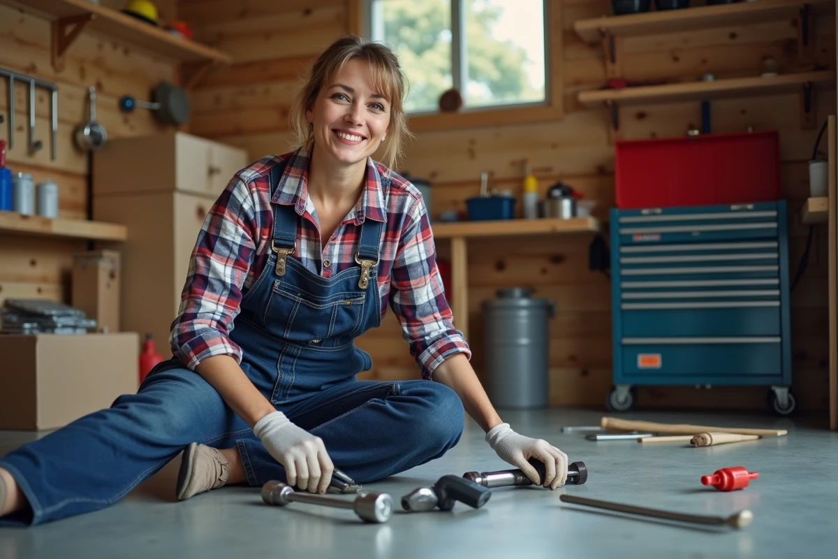 Femme plombier assise dans un garage avec outils et matériel