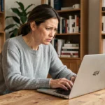 Femme cherchant ses plans kozikaa sur un ordinateur portable affichant une page d'erreur après la fermeture du site