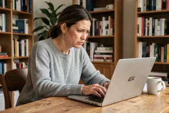 Femme cherchant ses plans kozikaa sur un ordinateur portable affichant une page d'erreur après la fermeture du site