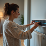 Femme ajustant un chauffage électrique moderne dans son salon