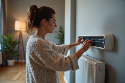 Femme ajustant un chauffage électrique moderne dans son salon
