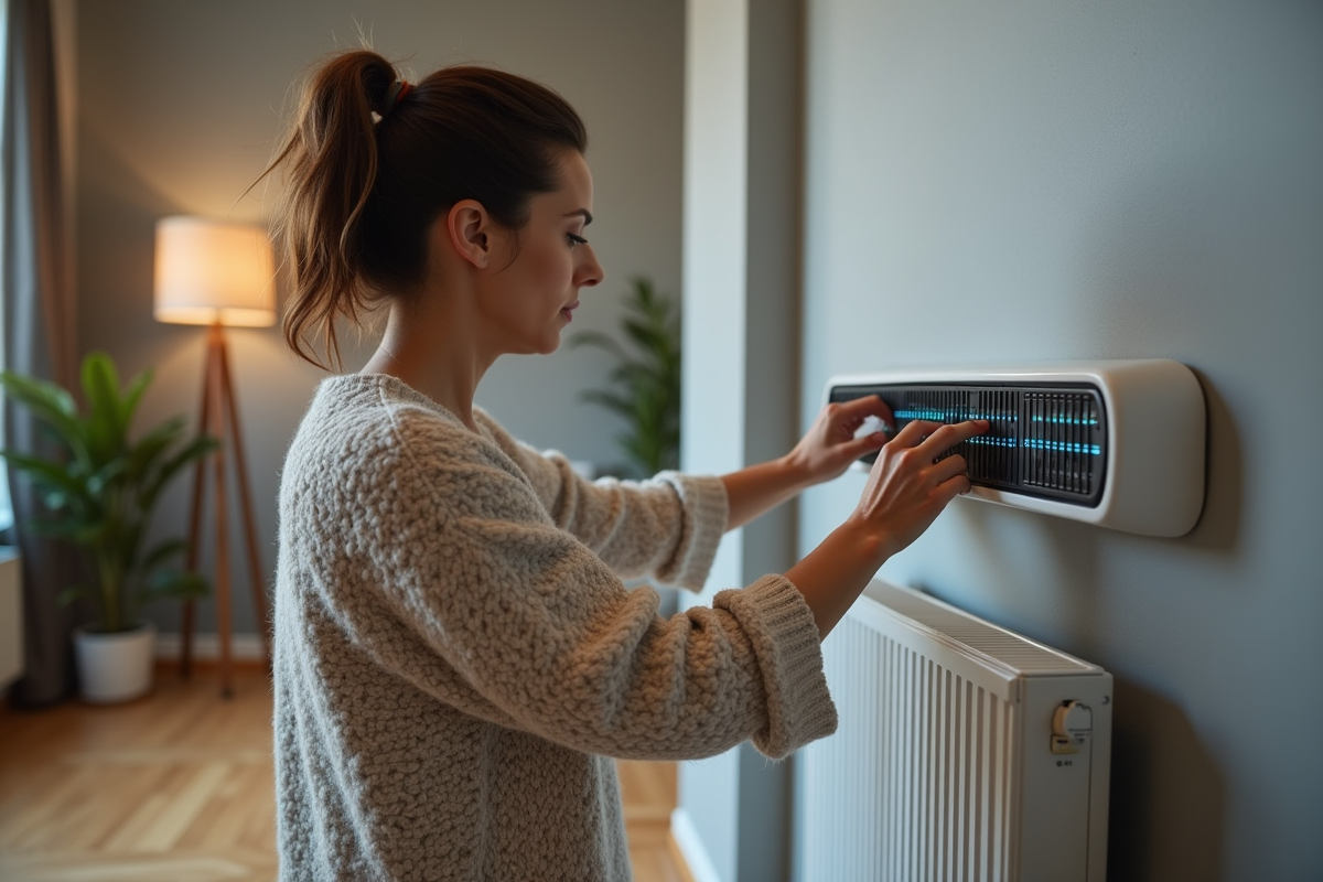 Femme ajustant un chauffage électrique moderne dans son salon