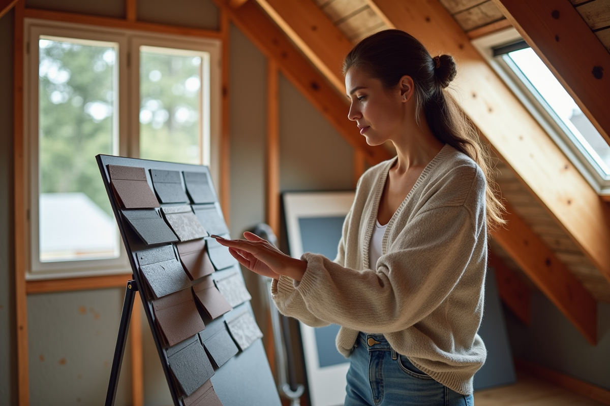 Femme examinant des échantillons de toiture dans le grenier