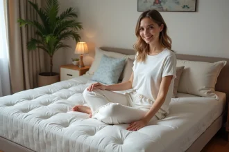 Femme souriante assise sur clic clac moderne et confortable