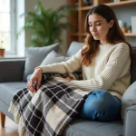 Femme assise sur un canapé en laine crème dans un salon lumineux