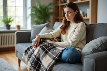 Femme assise sur un canapé en laine crème dans un salon lumineux