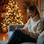 Jeune femme souriante ajuste les lumières d'un sapin connecté