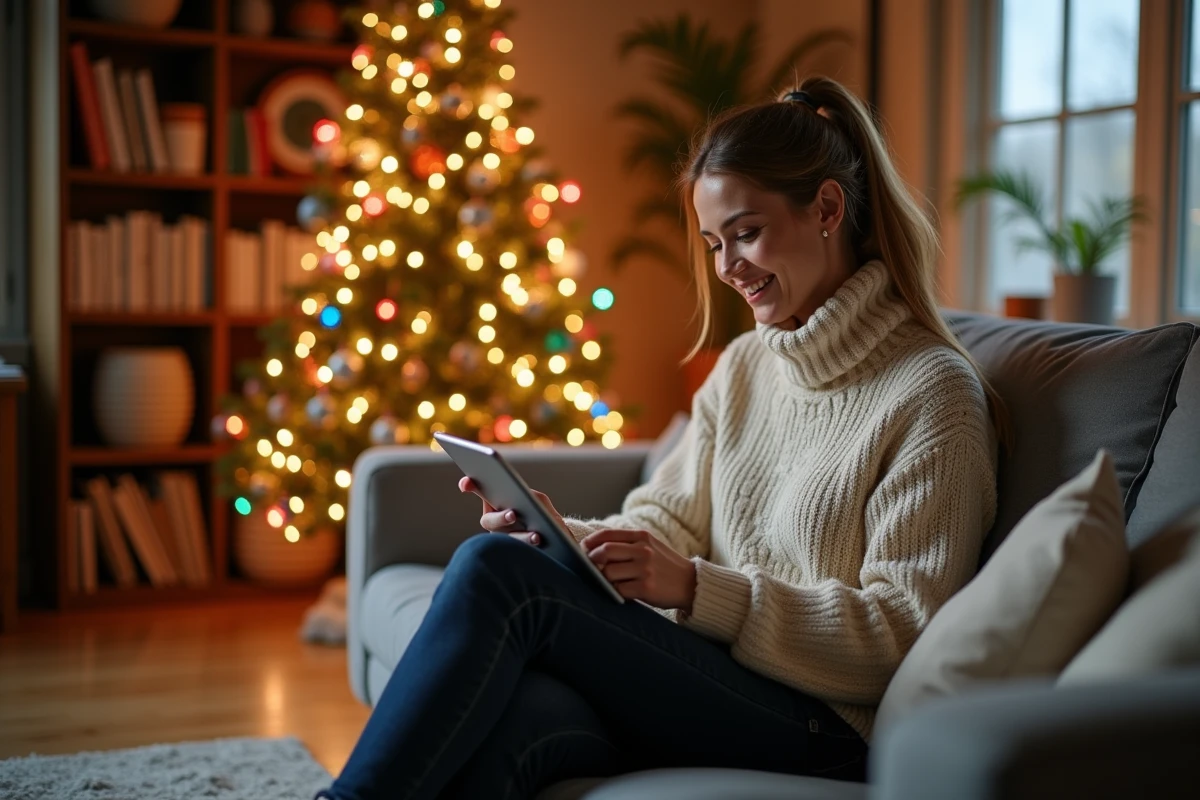 Jeune femme souriante ajuste les lumières d'un sapin connecté