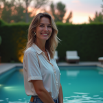 Femme souriante au bord de la piscine en été
