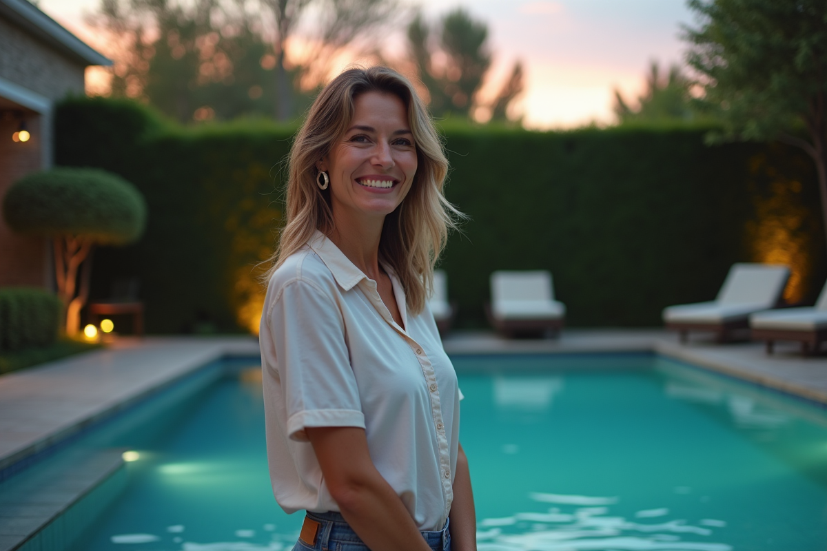 Femme souriante au bord de la piscine en été