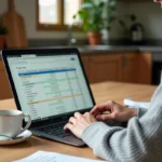 Femme consultant un outil de suivi de budget maison sur son ordinateur portable dans une cuisine moderne
