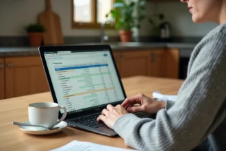 Femme consultant un outil de suivi de budget maison sur son ordinateur portable dans une cuisine moderne