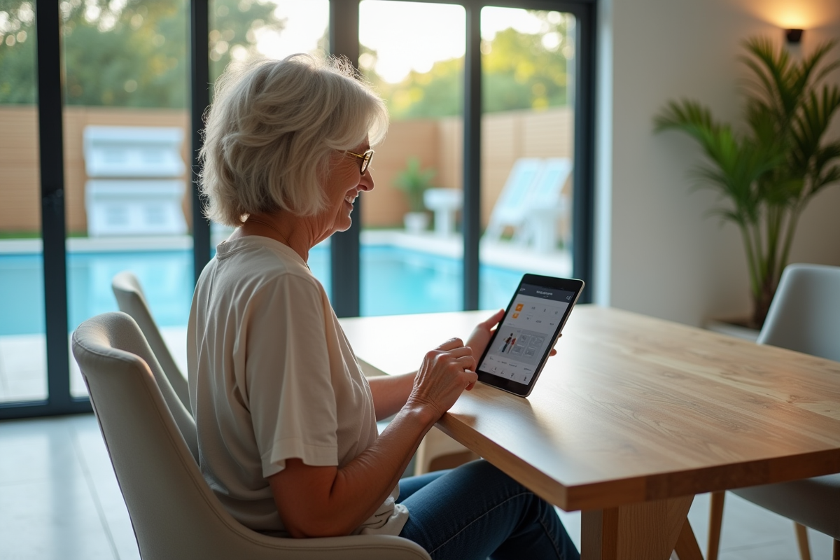 Femme réglant la piscine avec une tablette à l