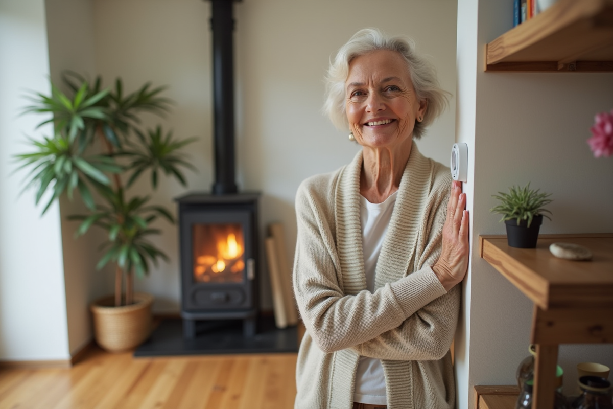 Femme ajustant un thermostat dans un salon avec poêle à pellets