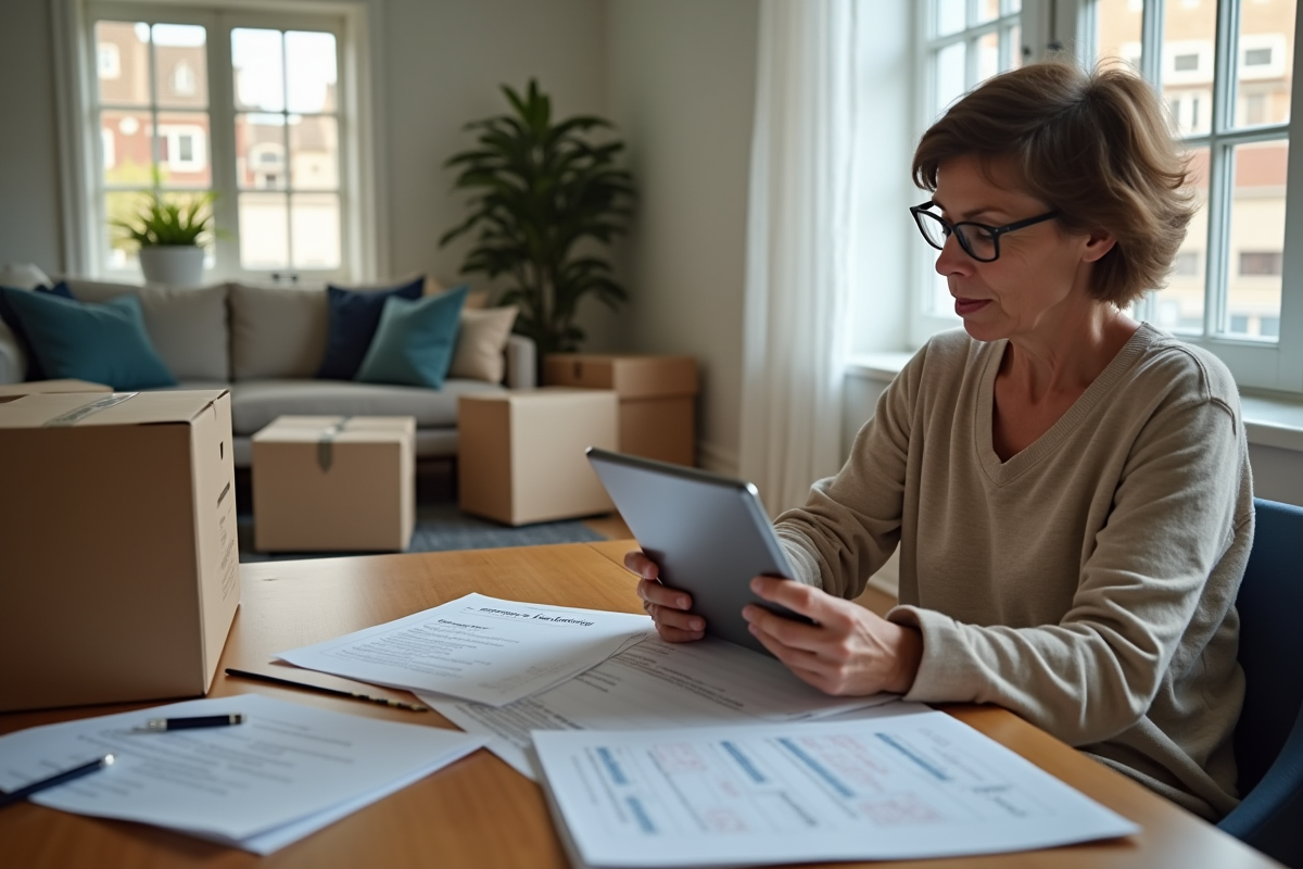 Femme vérifiant sa liste de déménagement sur une tablette