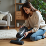 Femme inspectant un aspirateur moderne dans un salon chaleureux