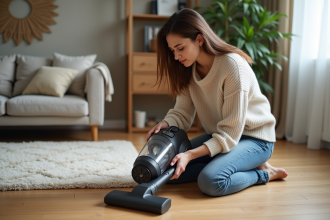 Femme inspectant un aspirateur moderne dans un salon chaleureux