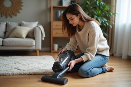 Femme inspectant un aspirateur moderne dans un salon chaleureux