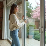 Femme ajustant une fenêtre dans un salon rénové lumineux