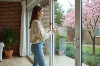 Femme ajustant une fenêtre dans un salon rénové lumineux