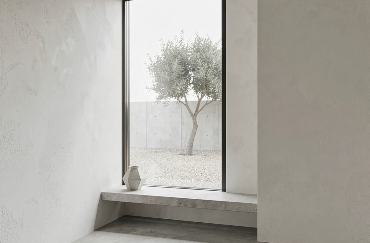 Grande fenêtre minimaliste sans cadre apparent dans une maison contemporaine en béton blanc, avec banc bas et vase céramique géométrique, style architectural épuré