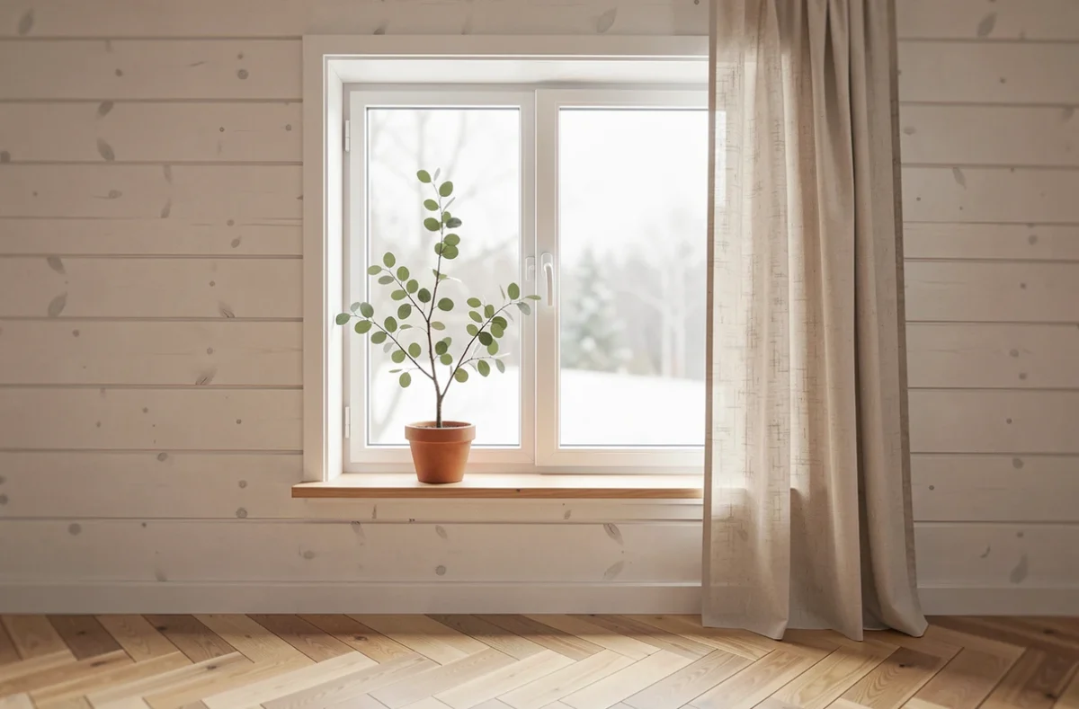 Fenêtre scandinave en bois blanc dans un intérieur nordique épuré avec parquet en chêne et rideau en lin, style Hygge et minimalisme naturel