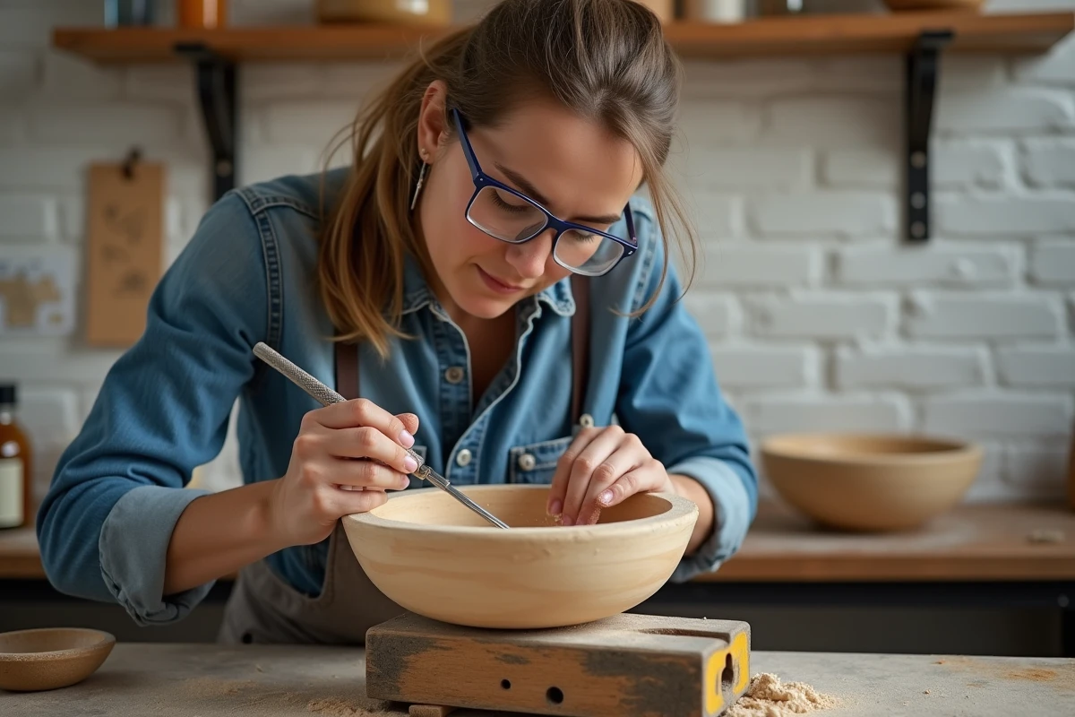 Femme artisane réalisant des finitions sur un bol en bois sculpté avec une gouge fishtail dans un atelier lumineux