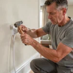 Homme fixant un câble coaxial TV le long d'un mur intérieur avec des clips plastique