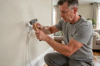 Homme fixant un câble coaxial TV le long d'un mur intérieur avec des clips plastique