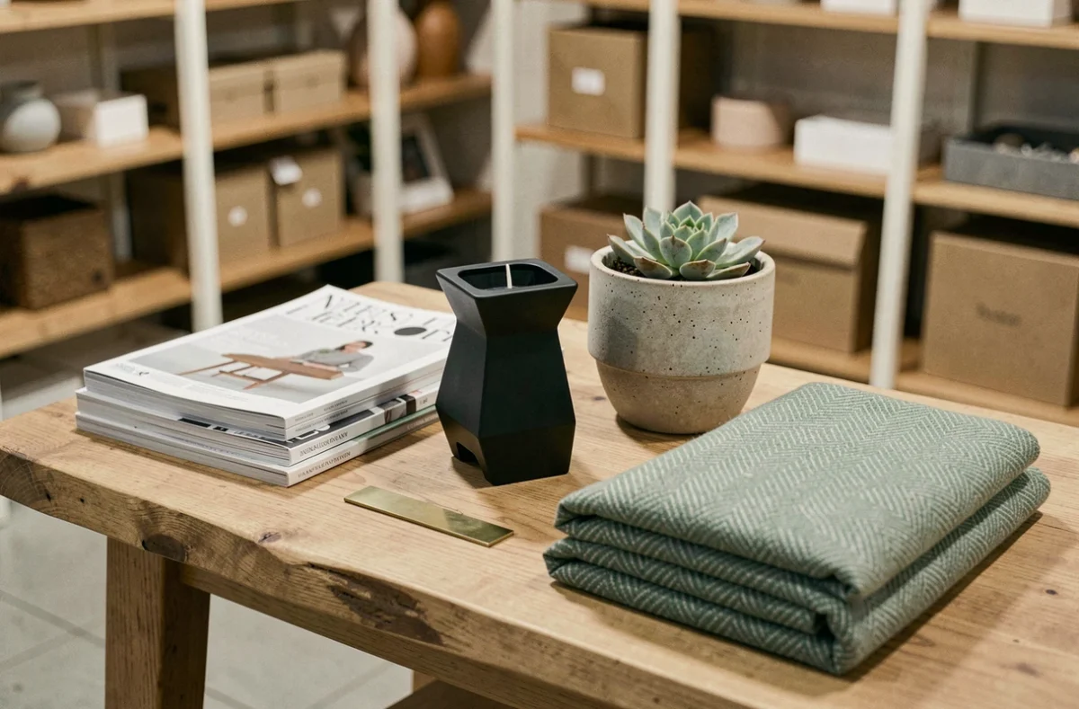 Flat lay d'accessoires déco tendance dans le concept store 4 Murs Chambéry, bougeoir géométrique, plaid laine et plante succulente