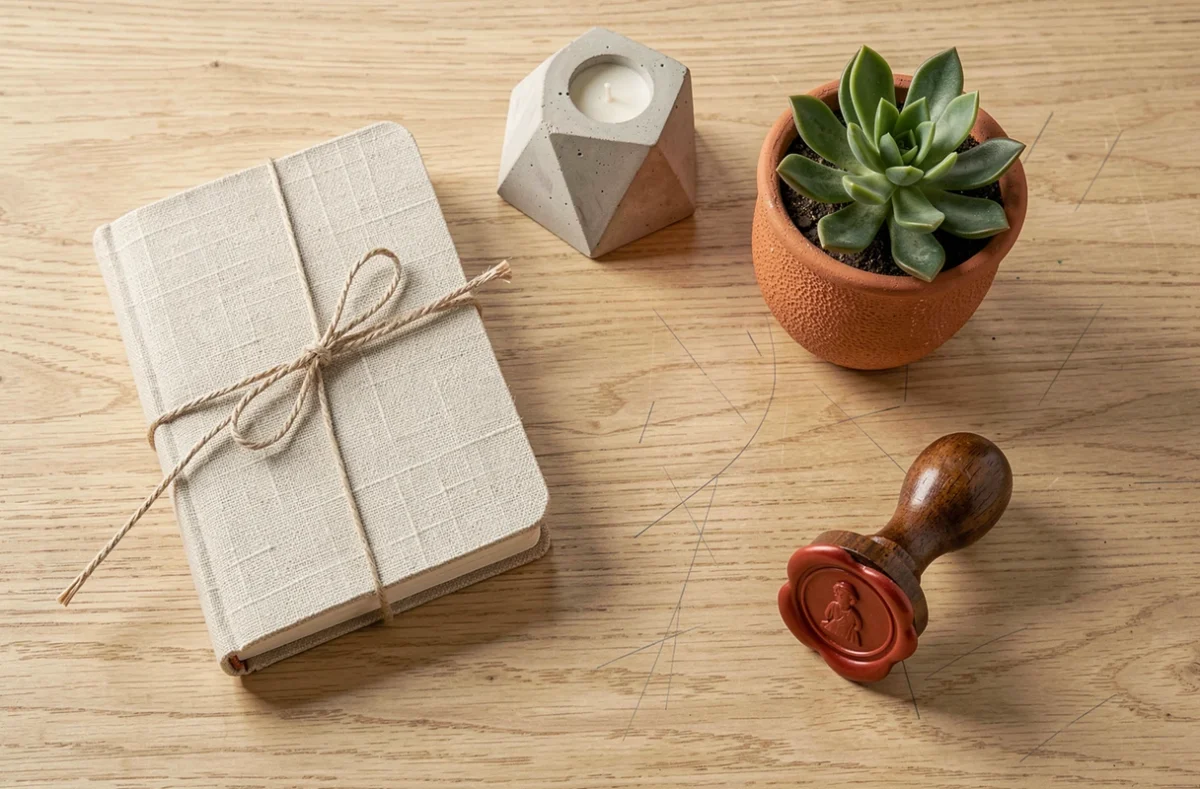 Flat lay de papeterie artisanale et objets décoratifs minimalistes sur un bureau en chêne clair