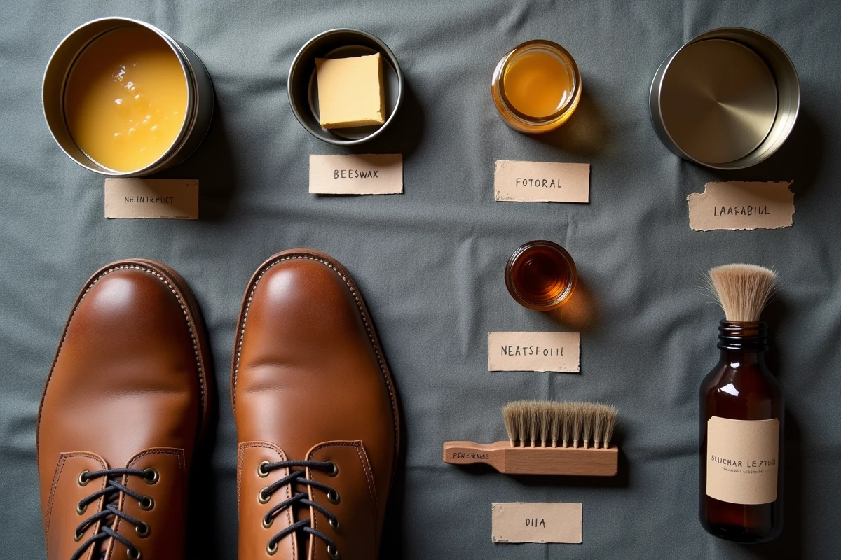 Flat-lay éditorial des produits d'entretien pour cuir gras : graisse, cire d'abeille, huile de pied de bœuf et brosse à côté de bottes en cuir