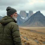 Homme aux cheveux grisonnants en veste matelassée olive contemplant les sommets de Patagonie sous un ciel nuageux