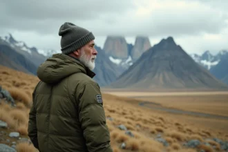 Homme aux cheveux grisonnants en veste matelassée olive contemplant les sommets de Patagonie sous un ciel nuageux
