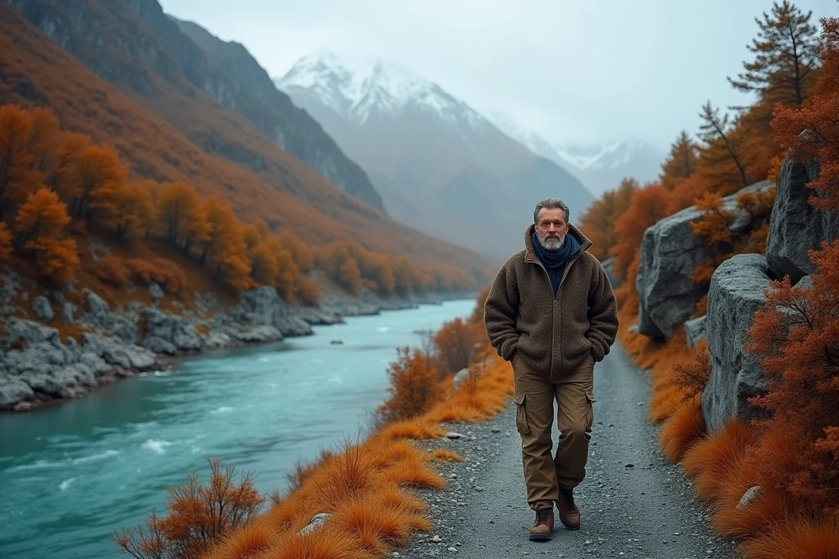 Silhouette d'un homme en pull de laine marchant seul sur un sentier longeant une rivière glaciaire turquoise en Patagonie