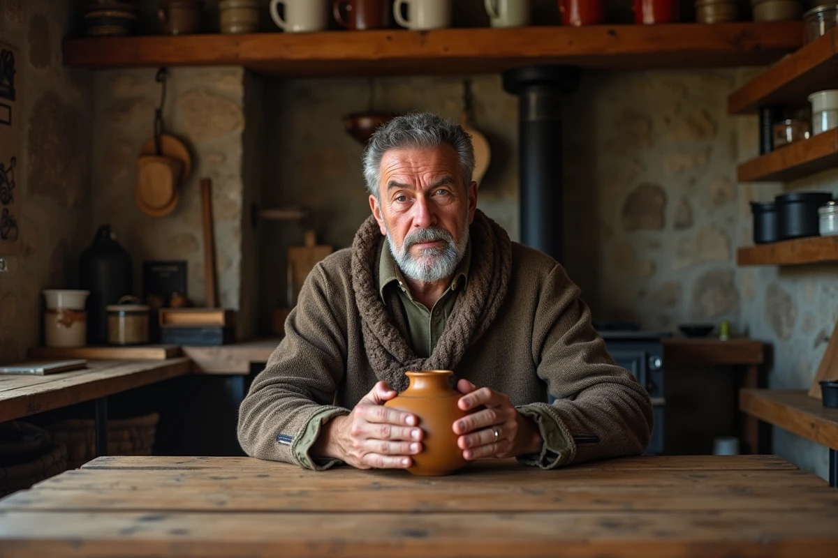 Homme barbu dégustant un maté dans une cuisine rustique en pierre d'une estancia patagonienne