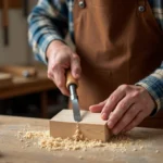 Artisan utilisant une gouge à bois sur un bloc de chêne dans un atelier traditionnel, copeaux de bois visibles