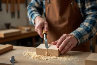 Artisan utilisant une gouge à bois sur un bloc de chêne dans un atelier traditionnel, copeaux de bois visibles