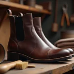 Bottes en cuir gras marron foncé sur établi de cordonnier avec pot de graisse et brosse pour l'entretien du cuir