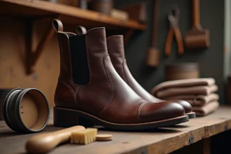 Bottes en cuir gras marron foncé sur établi de cordonnier avec pot de graisse et brosse pour l'entretien du cuir