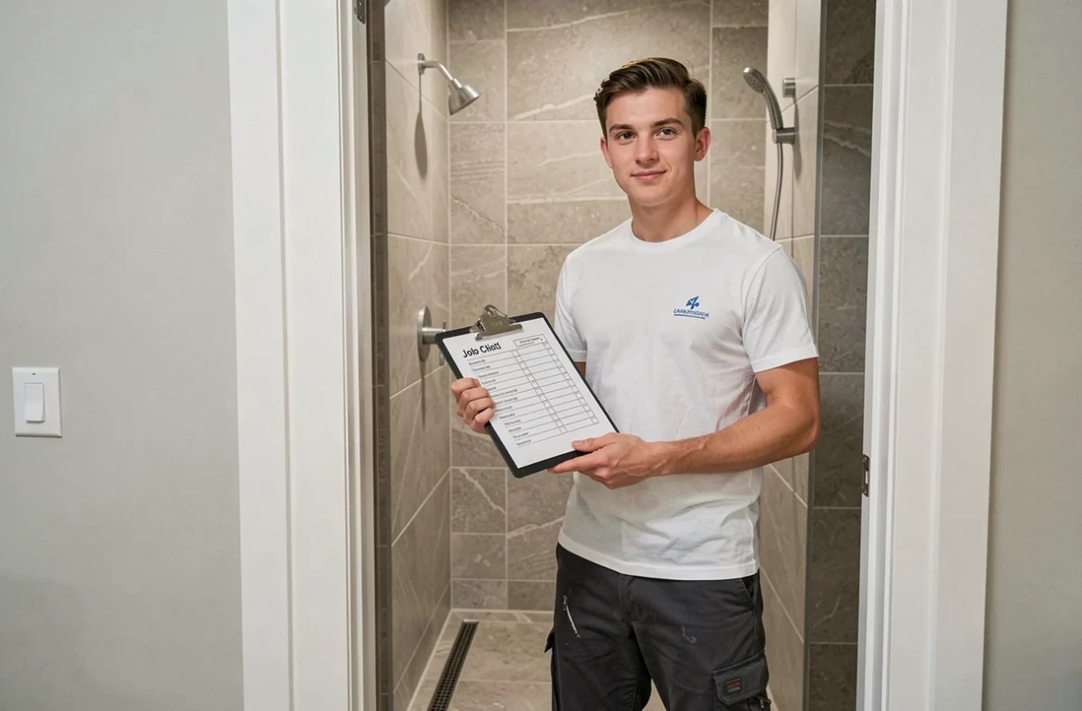 Plombier GRANDJEAN MATHIEU MG Plomberie devant une douche à l'italienne nouvellement installée avec colonne thermostatique